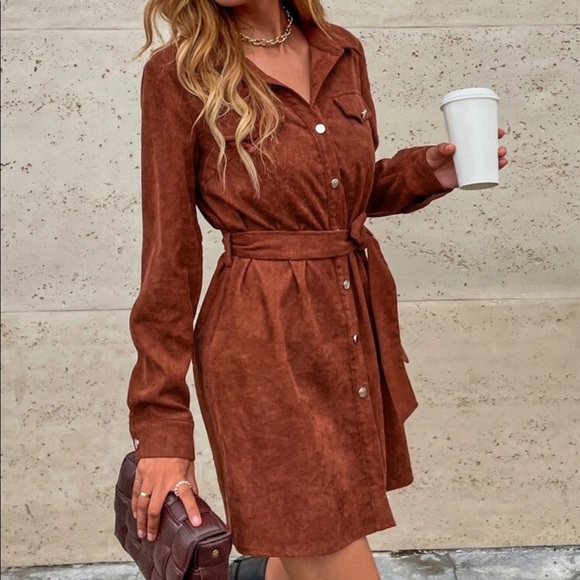Corduroy belted button down skirt dress - Picture 3 of 7